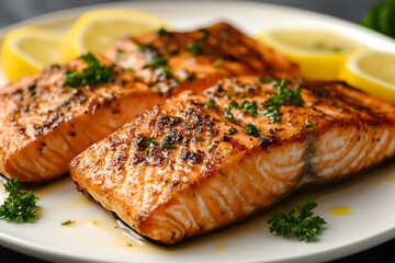 Grilled Salmon Fillets Garnished with Parsley and Lemon