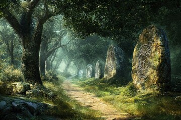 A mystical path winding through an ancient forest, where the trees seem to whisper with secrets, and ancient stones, covered in symbols, mark the way, creating a sense of wonder and mystery