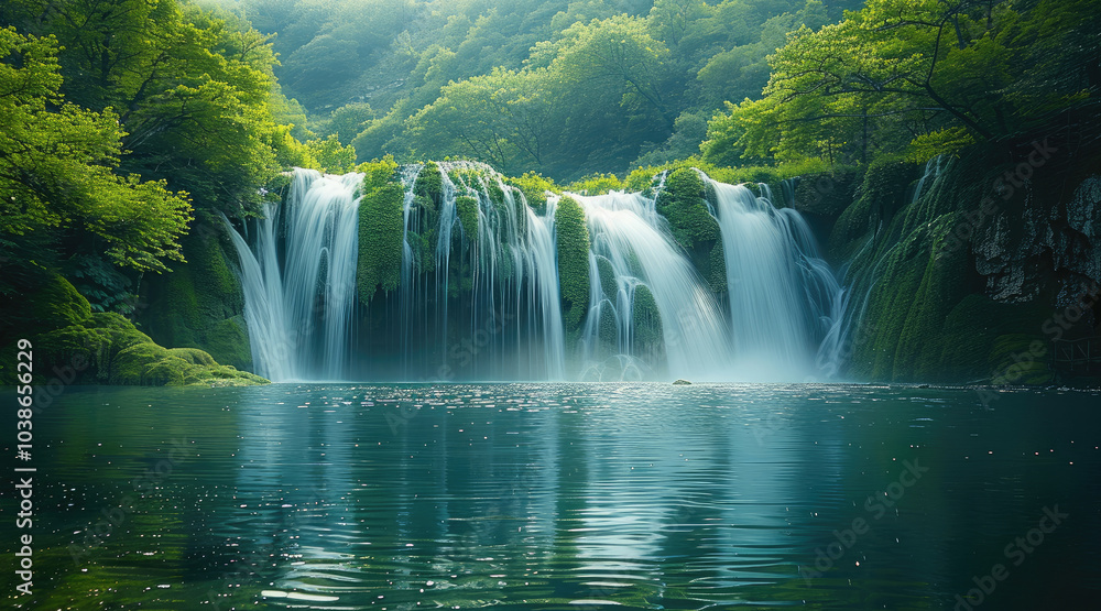 Leinwandbilder a serene waterfall cascades down moss-covered cliffs, reflecting in the calm waters below. the lush 