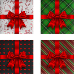 set of realistic christmas gift boxes. collection of christmas gift boxes with red bow and decorations top view