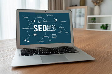 SEO search engine optimization for modish e-commerce and online retail business showing on computer...