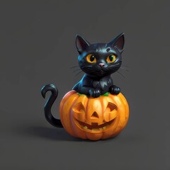 3D Halloween Black Cat Sitting With A Jack O Lantern Pumpkin