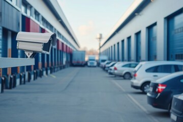 CCTV security camera monitors logistics retailer warehouse with parked cars and delivery truck entering for unloading