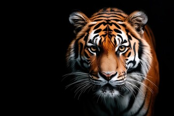 Tiger prowling in the dark, showcasing fierce expression and powerful physique. Generative AI