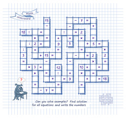 Mathematical crossword. Can you solve examples? Find solution for all equations and write numbers. Brain teaser book. Logic puzzle on addition, multiplication, division and subtraction. Vector image.