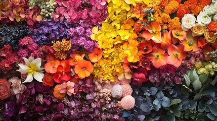 A vibrant and colorful arrangement of various flowers fills the frame. The composition features an array of petals in diverse hues including pinks, oranges, yellows, and purples, seamlessly blended to