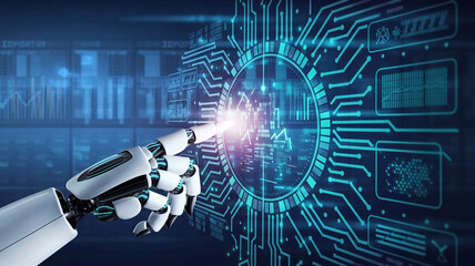 Futuristic Robot Hand Interacting with Holographic Data Web Generative AI