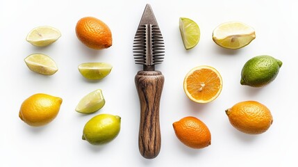 Citrus Zester and Assorted Citrus Fruits on White Background