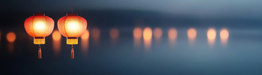 Obraz premium Elegant red and gold Chinese lanterns glowing softly, creating warm ambiance against blurred background of lights