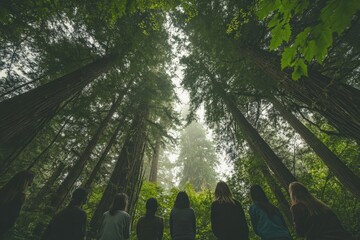 A group of people practicing forest bathing, standing in a circle beneath a canopy of tall trees, quietly meditating and embracing the silence and healing energy of the forest around them
