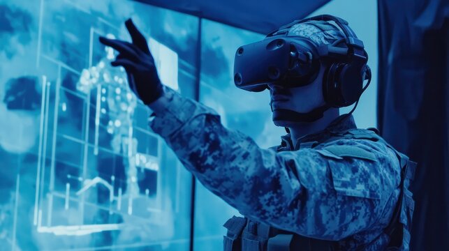A soldier using virtual reality technology with a digital interface in a futuristic military setting.
