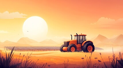 Fototapeta premium Futuristic agricultural landscape, solar-powered machinery, endless vibrant fields, showcasing innovative techniques in a sci-fi setting