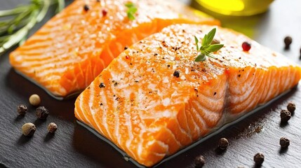 Fresh and Delicious Salmon Fillets on Black Slate