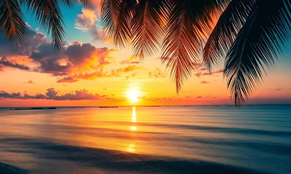 beautiful sunset on tropical beach with coconut palm tree