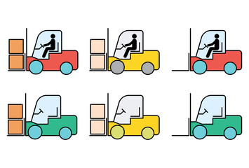 Set of Forklift transport icon, industry vehicle machine symbol, fork truck warehouse vector illustration