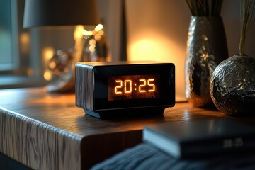 Modern digital alarm clock on cozy wooden nightstand with warm lighting