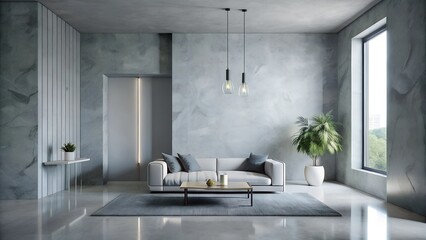 Minimalist interior design of modern living room with marble light grey wall