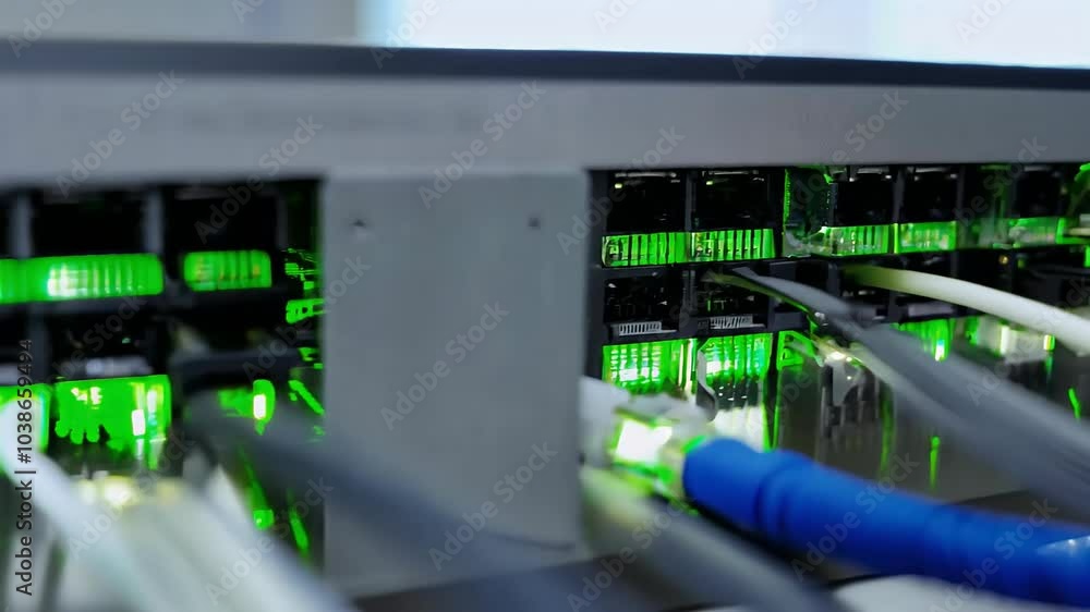 Wall mural closeup 4k video internet network switch multiple ethernet cables plugged showing blinking green lig