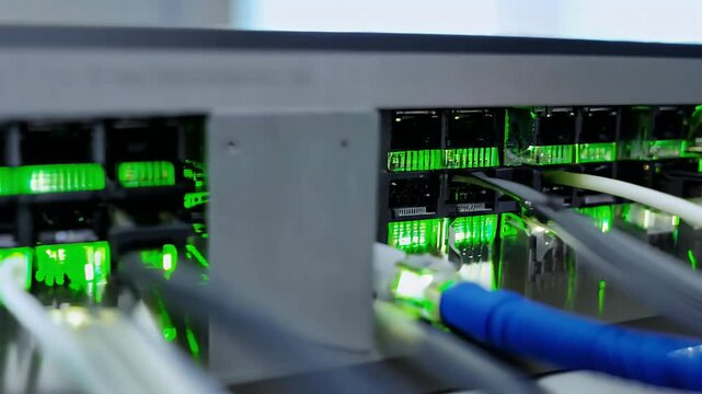 closeup 4K video internet network switch multiple Ethernet cables plugged showing blinking green lights indicating active connections seamless looping animation connect computer technology business