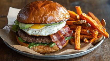 Gourmet burger with bacon and egg on a plate