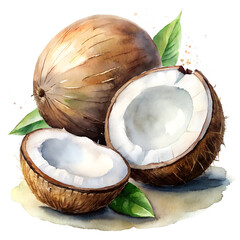 Watercolor hand drawn fresh coconut