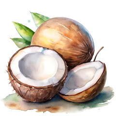 Watercolor hand drawn fresh coconut