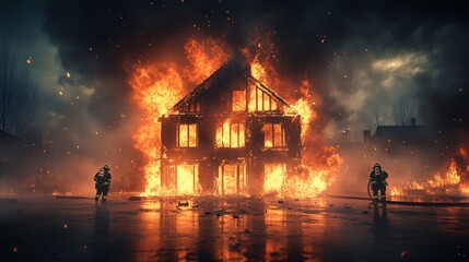 Urban Firefighters Responding to Blaze, Intense Scene of a House Fire with Firefighters Battling Flames in a City Environment