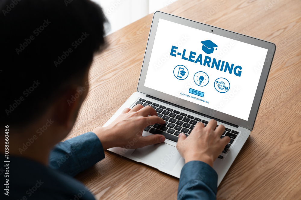 Poster e-learning website with modish sofware for student to study online on the internet network