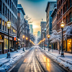 A usually busy city street now quiet and empty, capturing a serene
