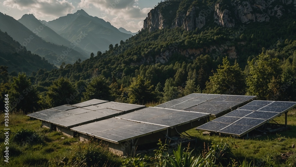 Wall mural solar panels and a mountain landscape, emphasizing sustainable living. copy space.