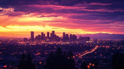 Obraz premium City skyline at dusk with a beautiful orange and purple sunset lighting up the sky.