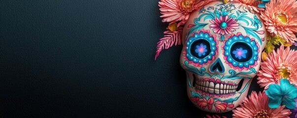 Fototapeta premium Festive luminous sugar skull color concept. A colorful sugar skull adorned with vibrant flowers representing Día de los Muertos set against a dark background