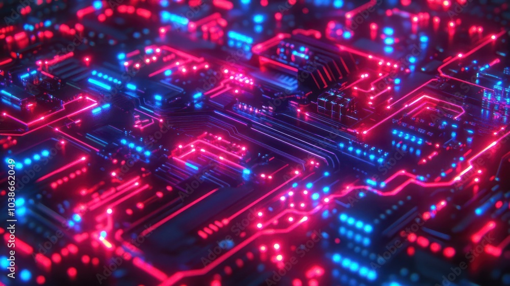 Poster an intricate red and blue neon-lit circuit board pattern with a tech-industrial look suggesting comp