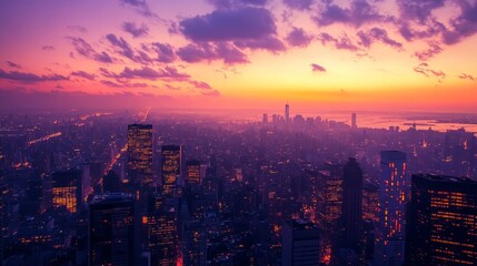 Fototapeta premium City skyline at dusk with a beautiful orange and purple sunset lighting up the sky.