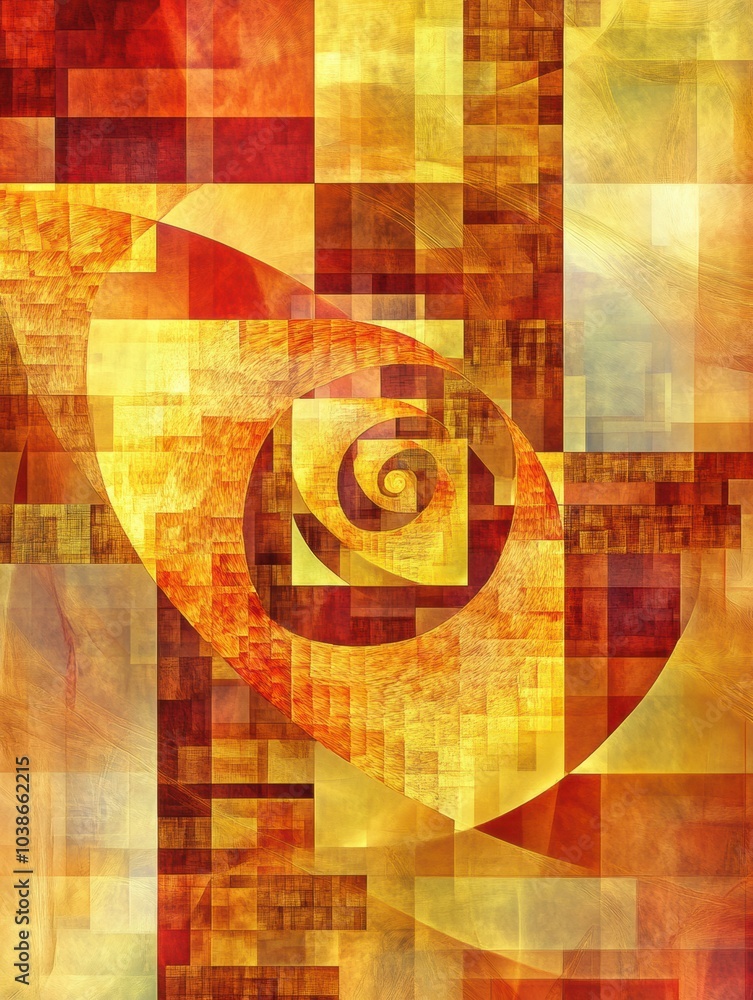Fototapete An intricate design features a golden spiral merging with various squares and rectangles, showcasing a dynamic abstract pattern. Generative AI