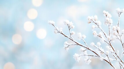 Frost-covered branches with snowflakes resting on them, delicate winter detail