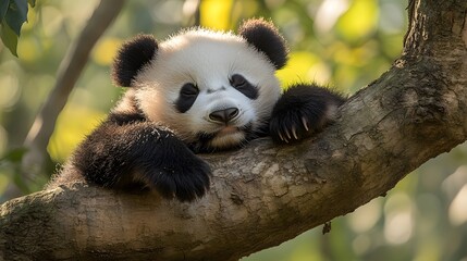 Obraz premium Sleeping Panda Cub in a Tree