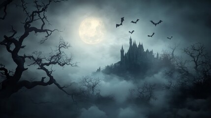 Haunted Castle at Night, eerie atmosphere, bats flying, intricate 3D illustration, capturing the essence of mystery and spookiness