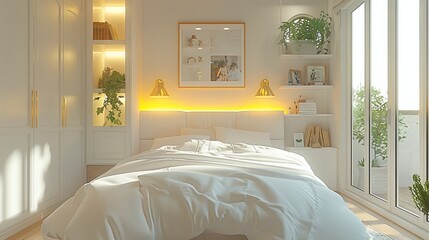 Cozy bedroom, white interior with sun shining.