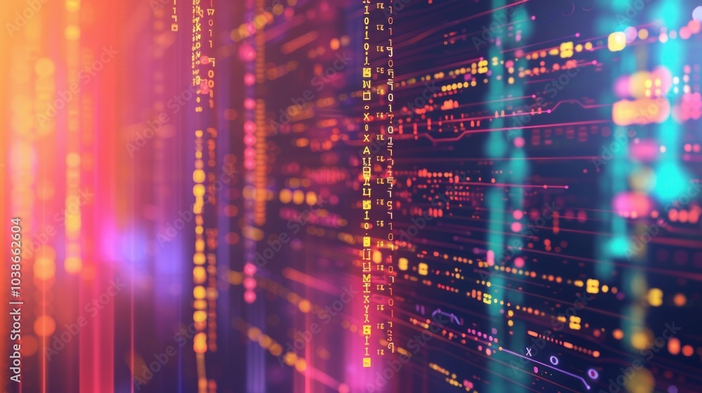 Poster abstract digital background with neon lights and code