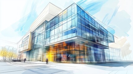 Architectural Sketch of a Modern Building with Glass Facade