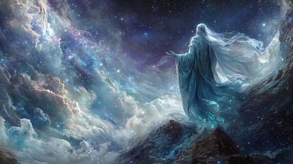 A mystical figure draped in flowing, translucent robes stands majestically atop a rocky outcrop, gazing into the vast expanse of the cosmos. The figure appears ethereal, with a faint glow emanating fr