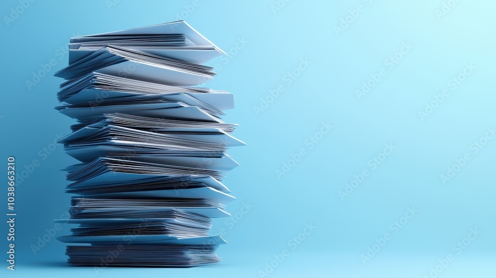 Poster a tall stack of papers rests against a blue background, showcasing various sheets of white and patte