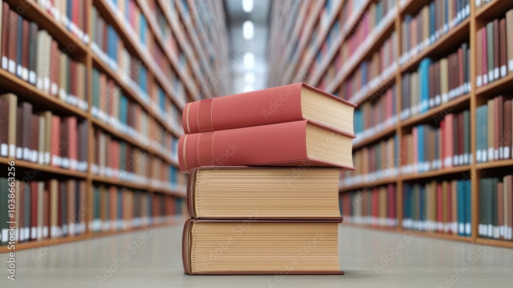 Poster a stack of books rests amid rows of shelves filled with literature in a library, creating a serene a