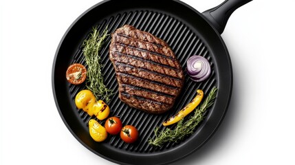 Grilled Steak with Roasted Vegetables on Cast Iron Grill Pan