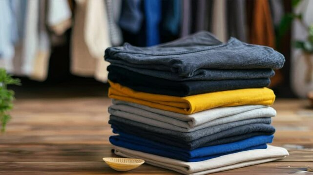 Neatly stacked pile of folded t shirts in gray, yellow, and blue colors creates cozy and organized atmosphere for casual clothing enthusiasts.
