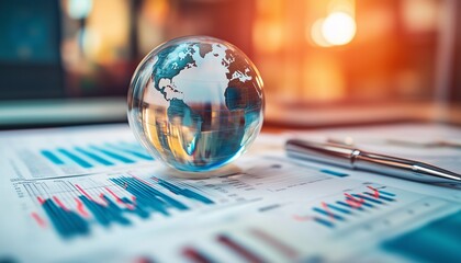 A crystal globe reflecting on business documents, symbolizing global finance and innovation in a vibrant office setting.
