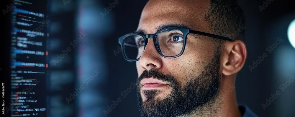 Poster a focused individual wearing glasses examines code on a screen, showcasing a deep engagement with te