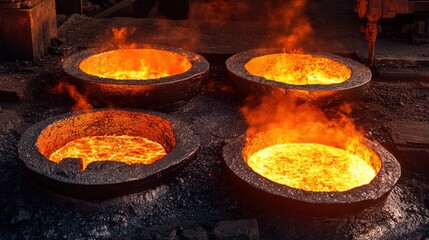 A steel foundry with glowing molten steel, ready to be cast into various shapes for industrial use.