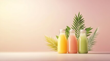 Vibrant Organic Juice Bottles, colorful liquids in dynamic 3D design, showcasing freshness and health in an engaging visual format